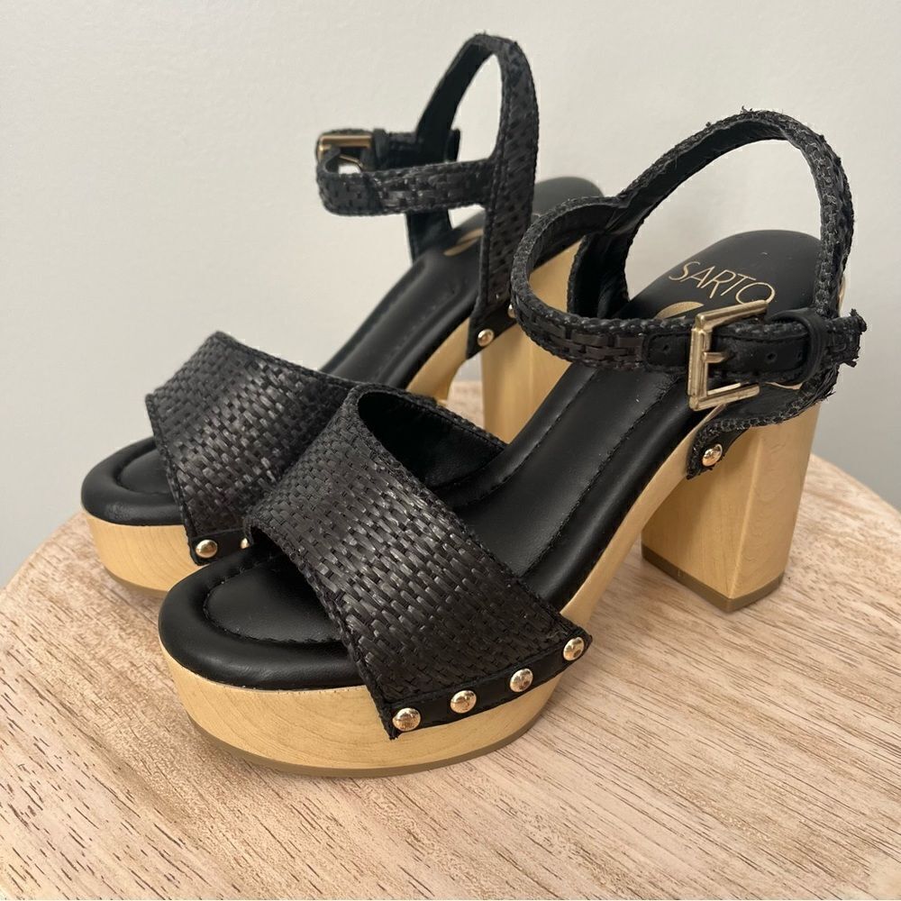 Franco Sarto Wally Woven Platform Ankle Strap Heels Size 6.5 Black NWOB